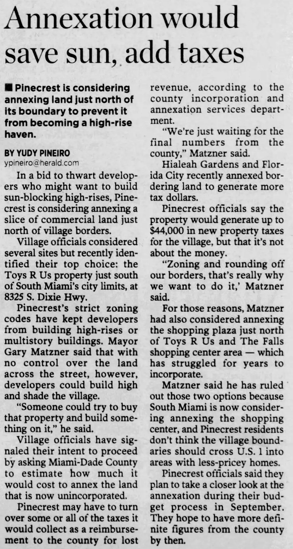 Miami Herald scan of "Annexation would save sun, add taxes", printed page 3