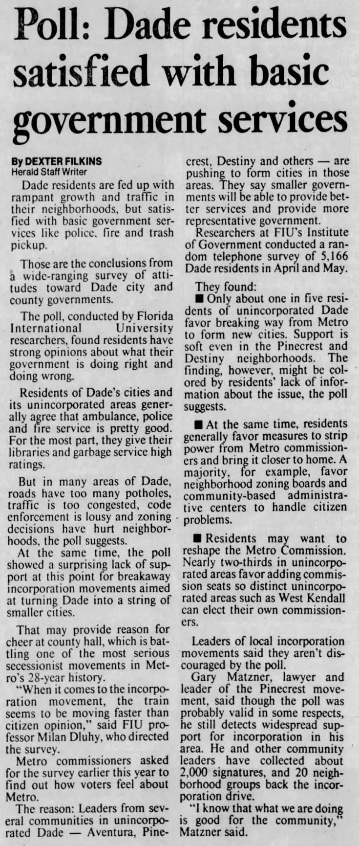 Miami Herald scan of "Poll: Dade residents satisfied with basic government services", printed page 