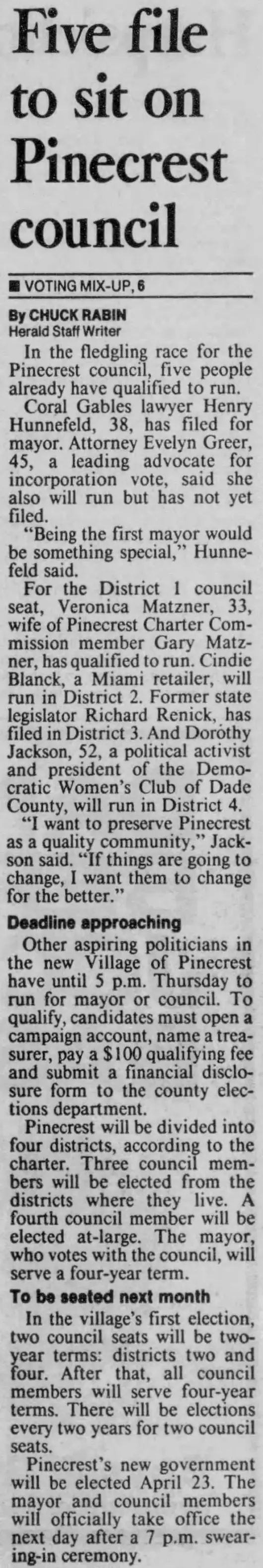 Miami Herald scan of "Five file to sit on Pinecrest council", printed page 3K