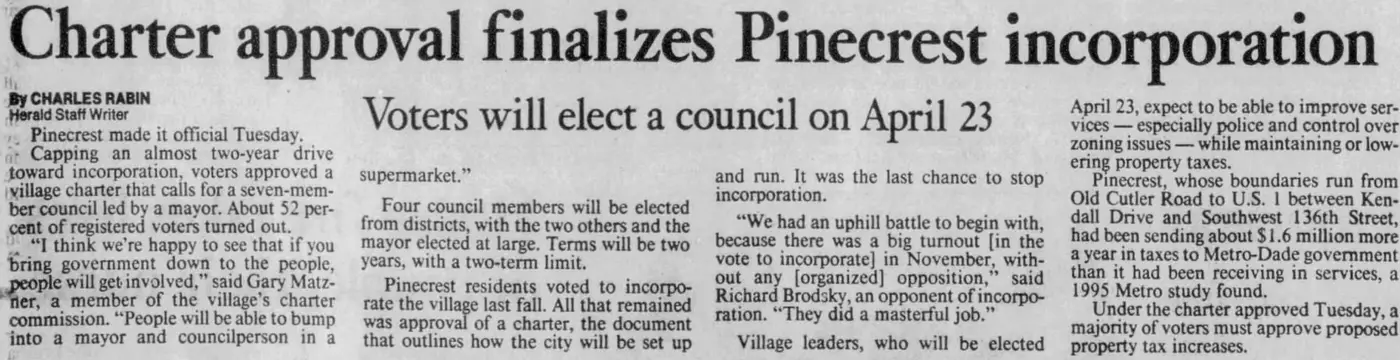 Miami Herald scan of "Charter approval finalizes Pinecrest incorporation", printed page 2B