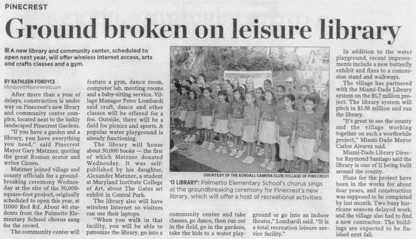Miami Herald scan of "Ground broken on leisure library", printed page 3PP