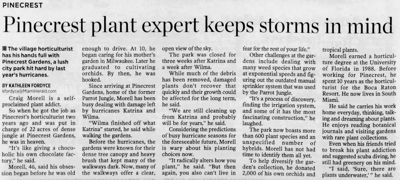 Miami Herald scan of "Pinecrest plant expert keeps storms in mind", printed page 8SD