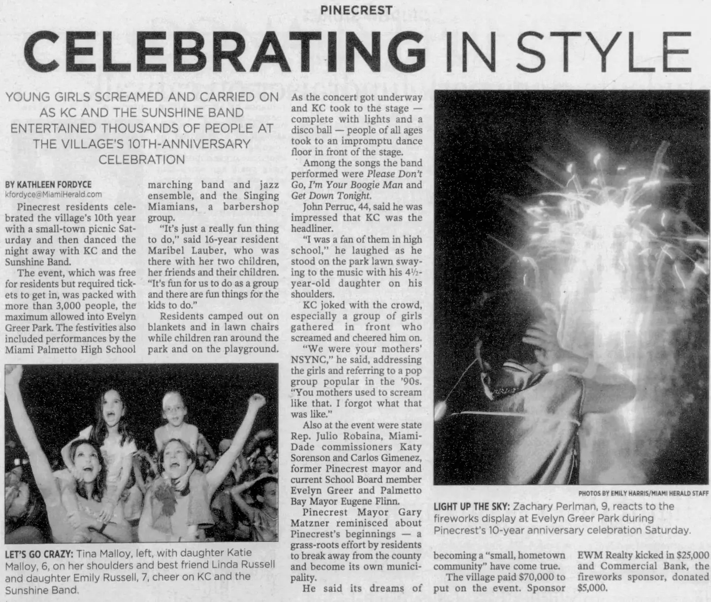 Miami Herald scan of "Celebrating in style", printed page 3PP