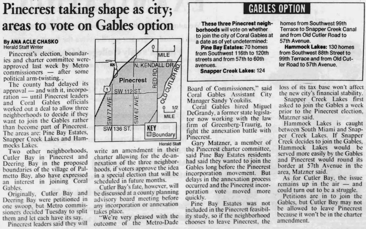 Miami Herald scan of "Pinecrest taking shape as city; areas to vote on Gables option", printed page 3