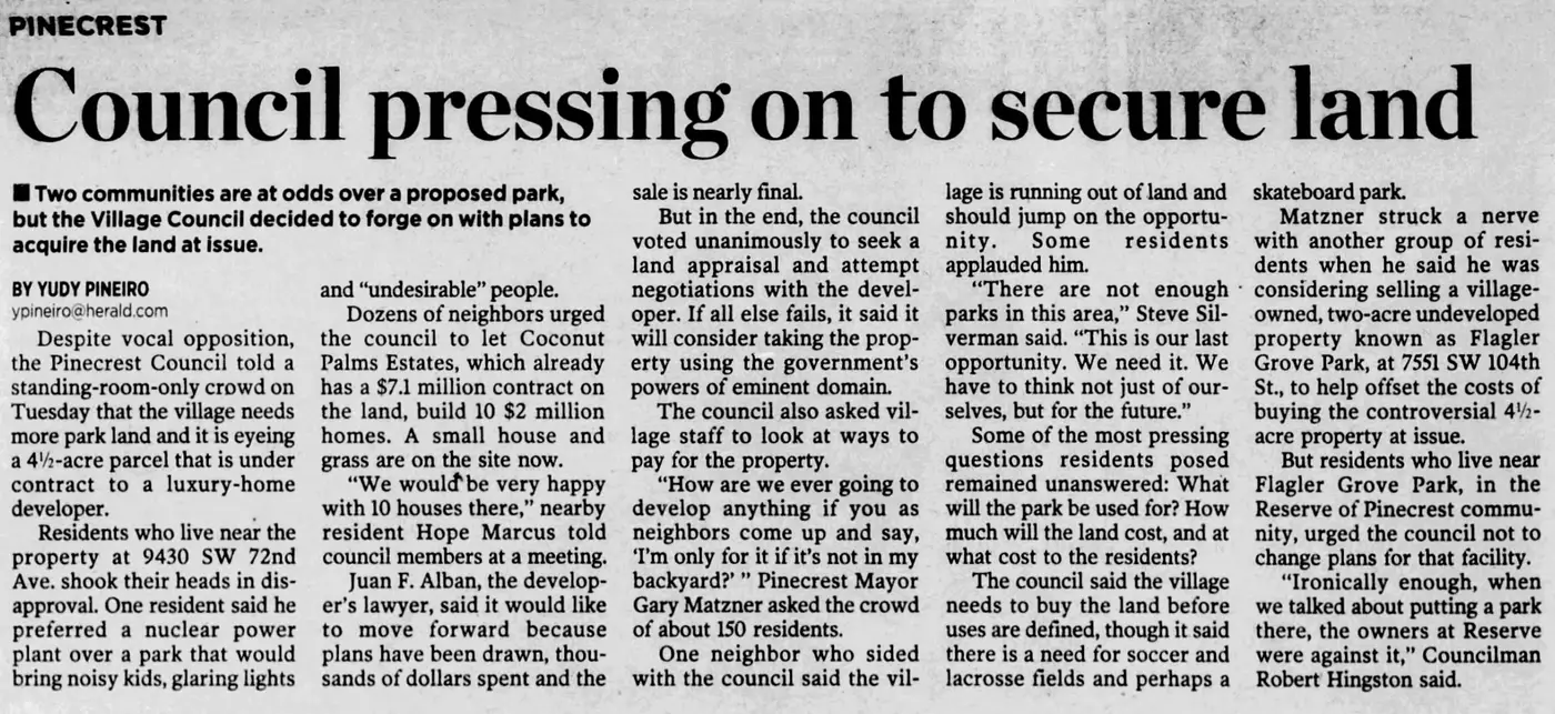 Miami Herald scan of "Council pressing on to secure land", printed page 4