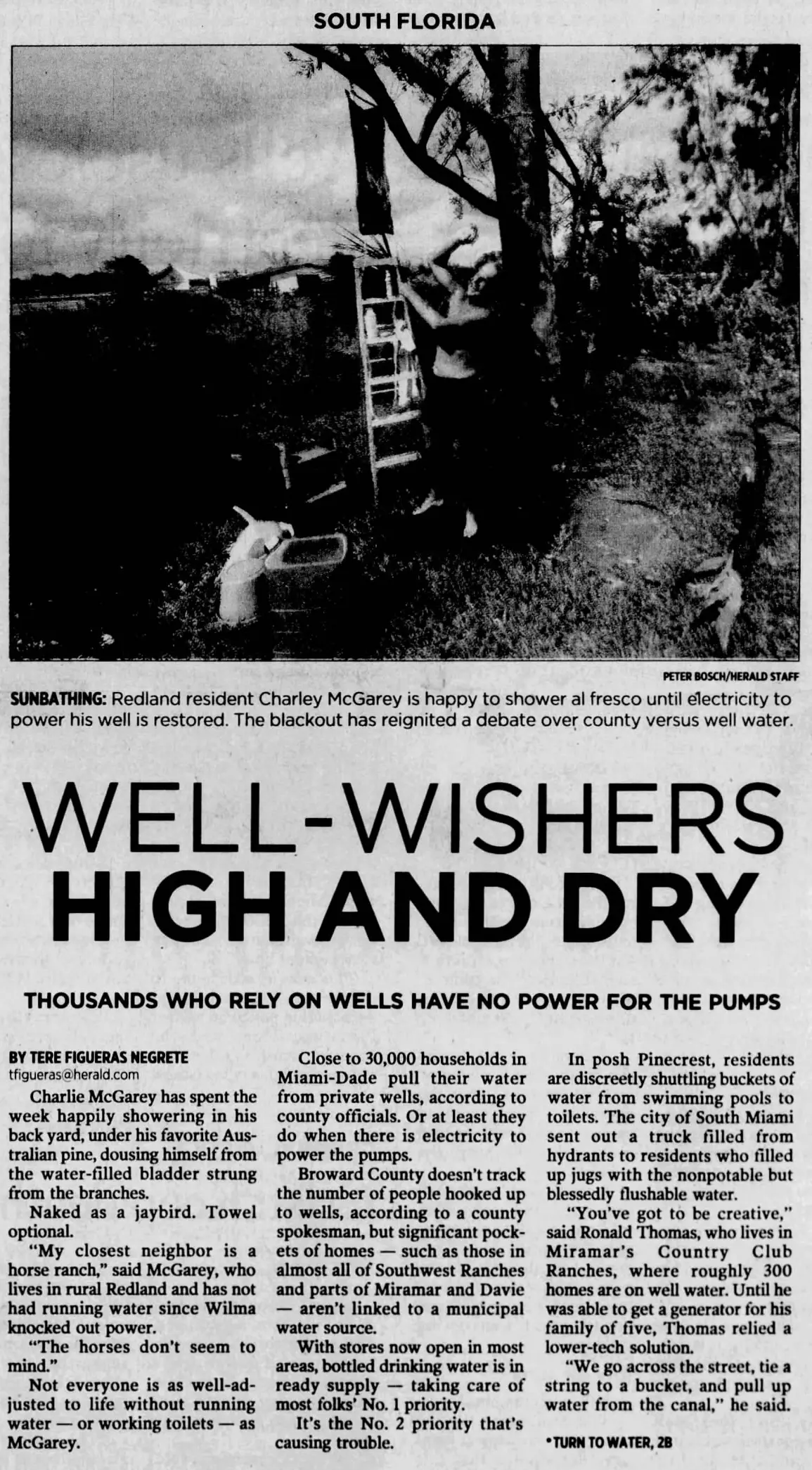 Miami Herald scan of "Well-wishers high and dry", printed page 1B