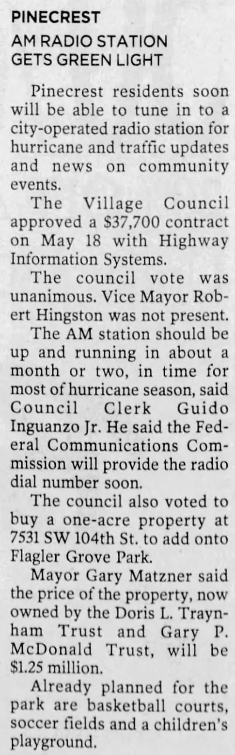Miami Herald scan of "AM radio station gets green light", printed page 8