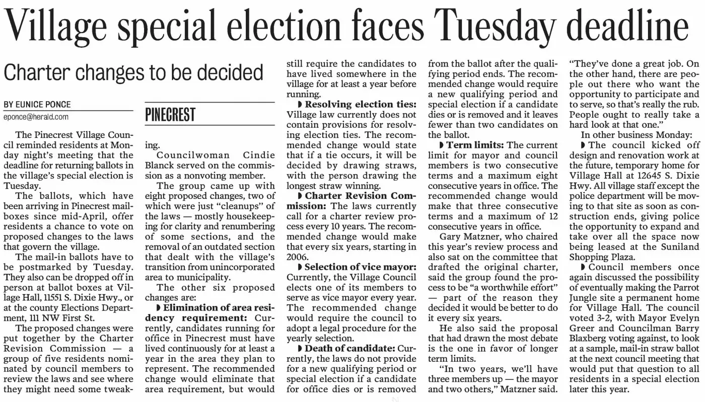 Miami Herald scan of "Village special election faces Tuesday deadline", printed page 2E