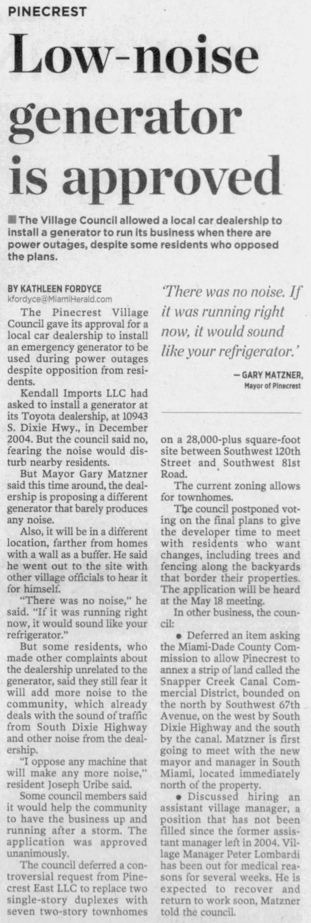 Miami Herald scan of "Low-noise generator is approved", printed page 3PP