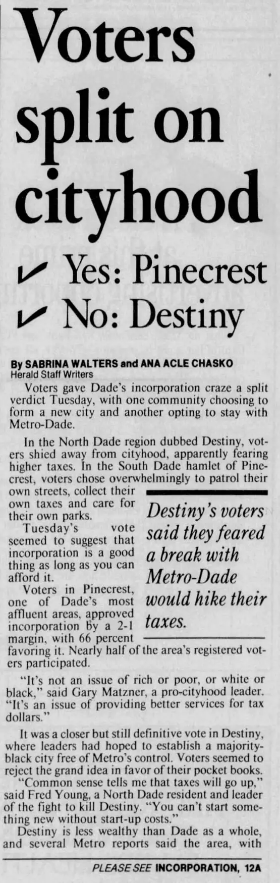Miami Herald scan of "Voters split on cityhood", printed page 1A