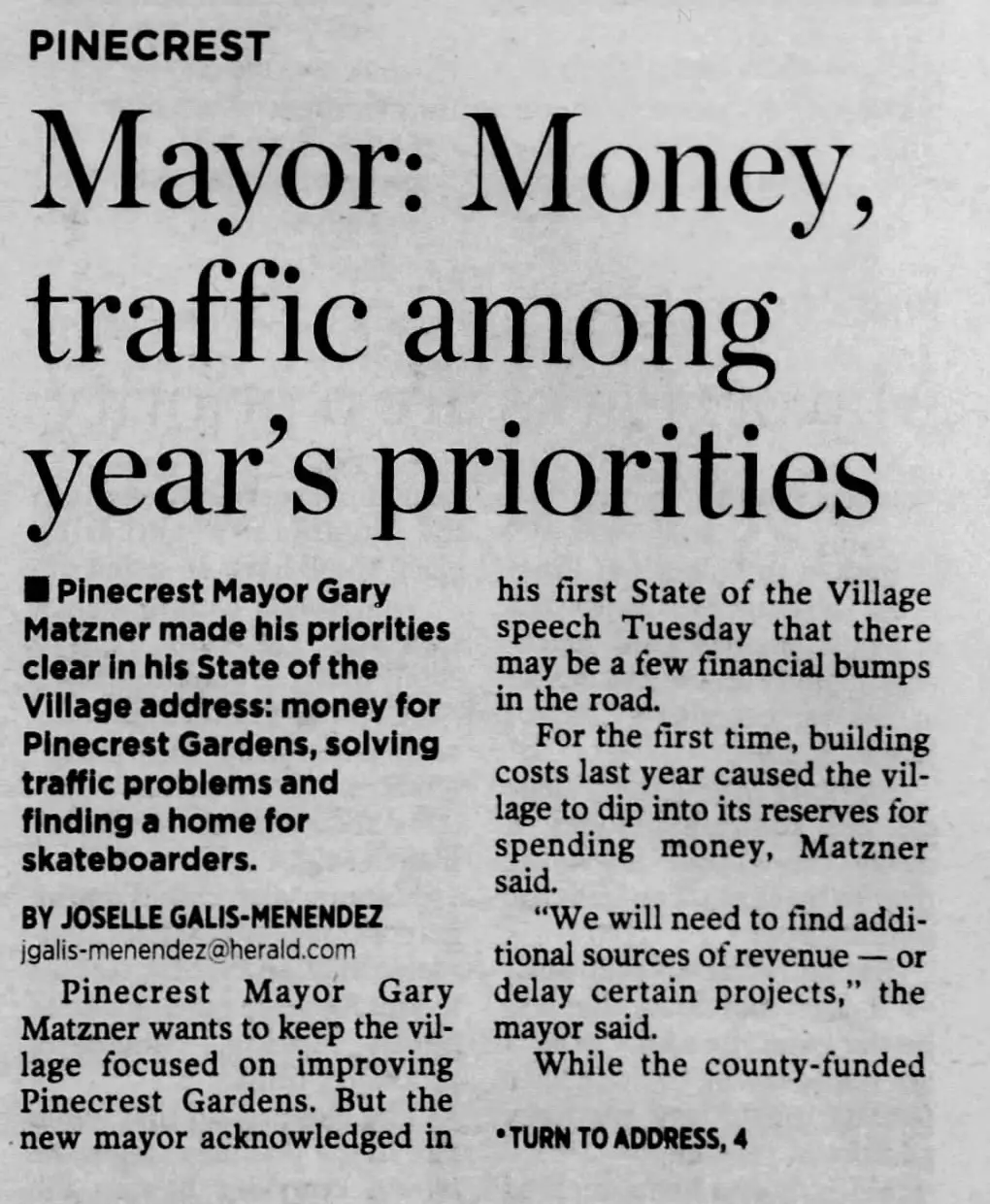 Miami Herald scan of "Mayor: Money, traffic among year's priorities", printed page 3