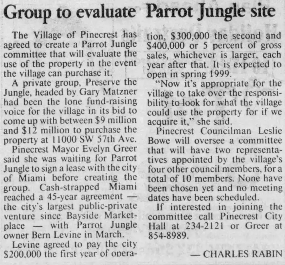 Miami Herald scan of "Group to evaluate Parrot Jungle site", printed page 7K