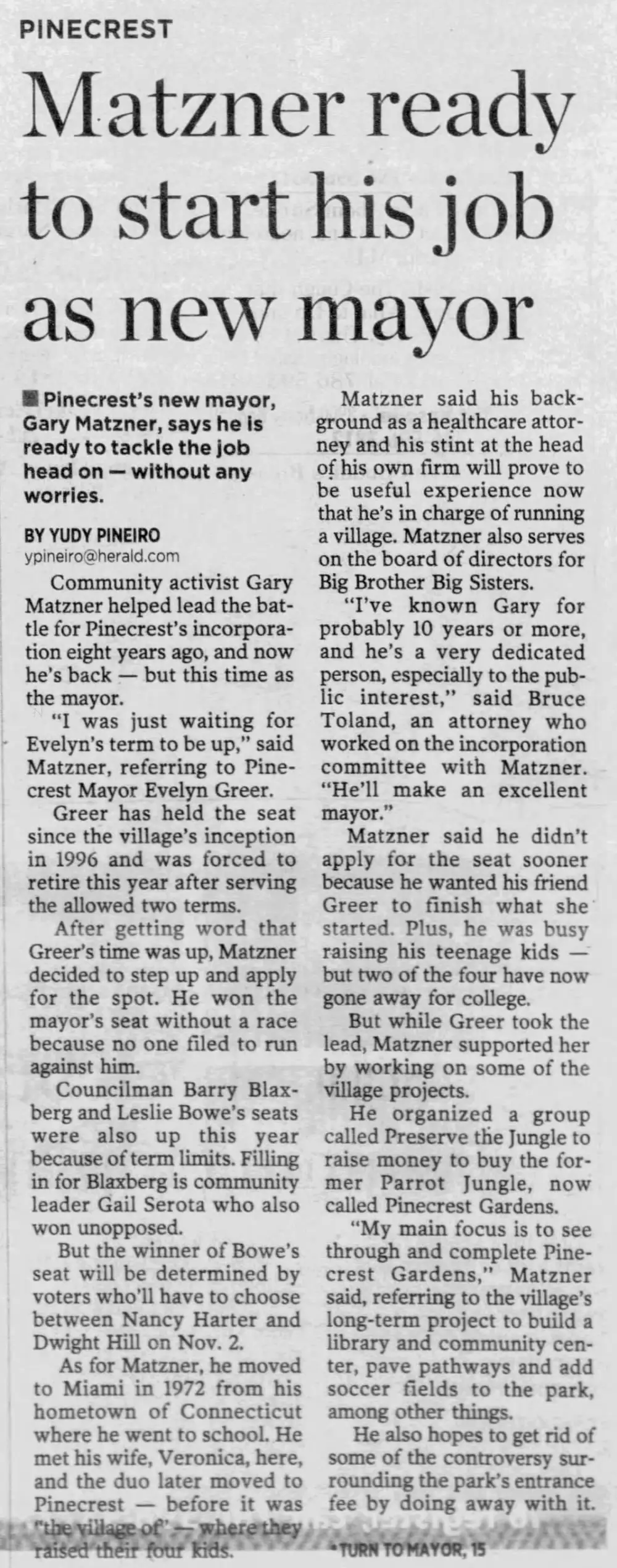 Miami Herald page: “Matzner ready to start his job as new mayor”