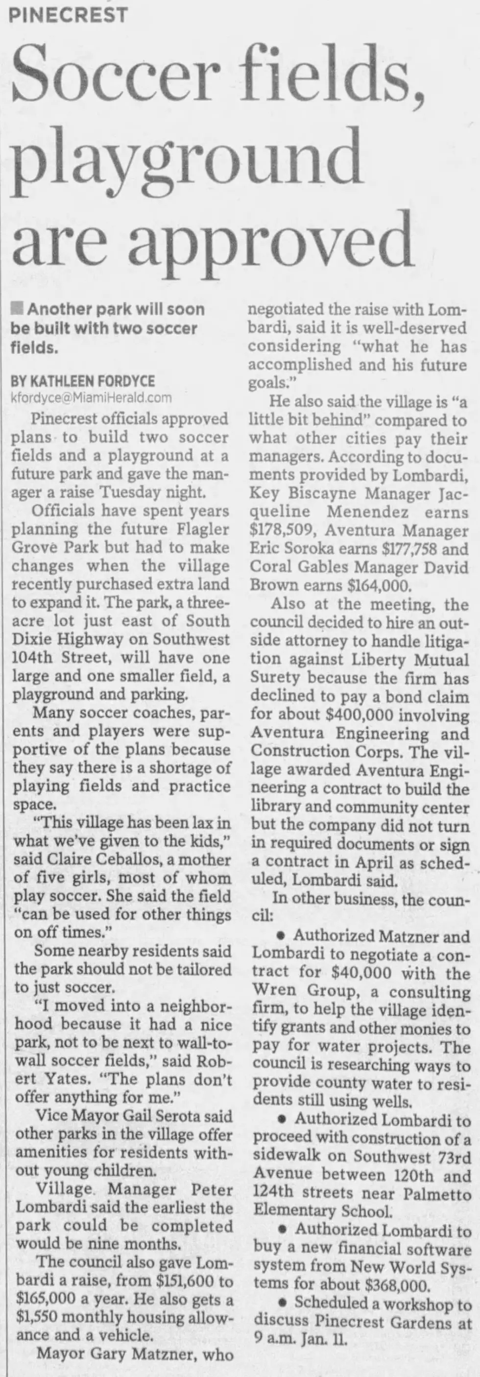 Miami Herald scan of "Soccer fields, playground are approved", printed page 38