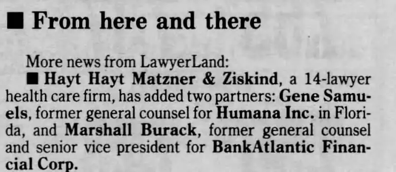 Miami Herald scan of "Hayt Hayt Matzner & Ziskind adds two partners", printed page 26