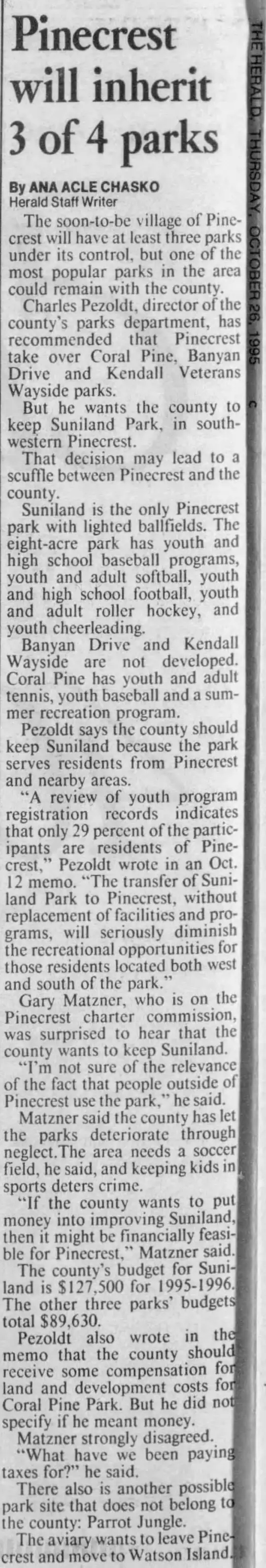 Miami Herald scan of "Pinecrest will inherit 3 of 4 parks", printed page 8C
