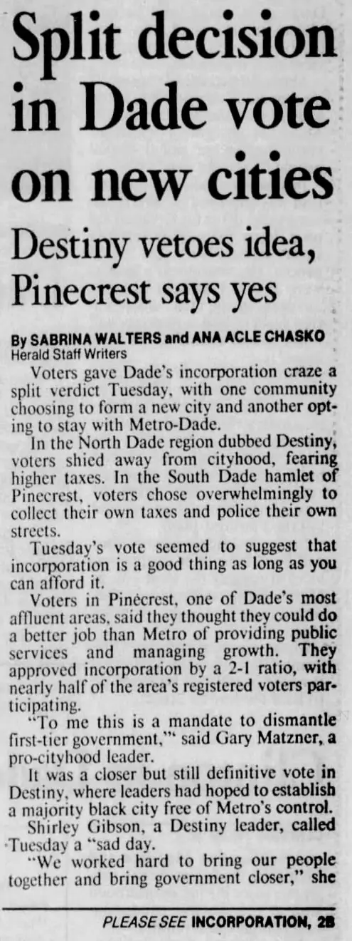 Miami Herald scan of "Split decision in Dade vote on new cities", printed page 1B