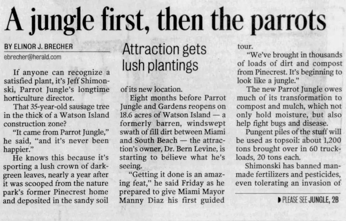 Miami Herald scan of "A jungle first, then the parrots", printed page 1B
