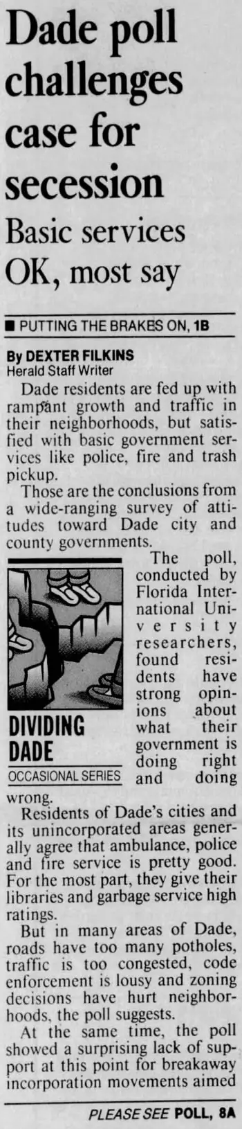 Miami Herald scan of "Dade poll challenges case for secession", printed page 1A