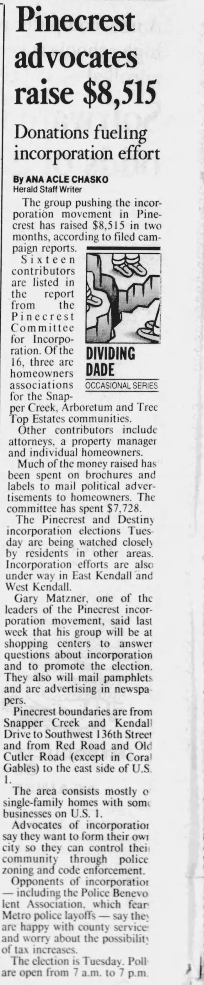 Miami Herald scan of "Pinecrest advocates raise $8,515", printed page 3