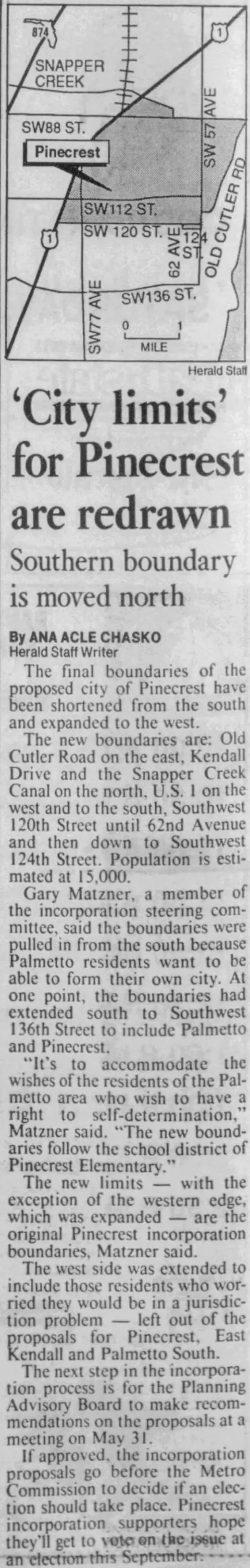 Miami Herald scan of "'City limits' for Pinecrest are redrawn", printed page 8C