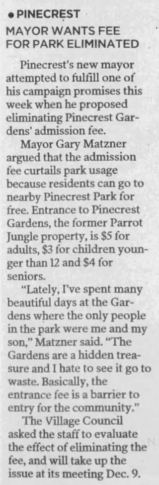 Miami Herald scan of "Mayor wants fee for park eliminated", printed page 3B