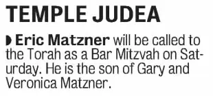 Miami Herald scan of "Eric Matzner: Temple Judea announcement", printed page 20