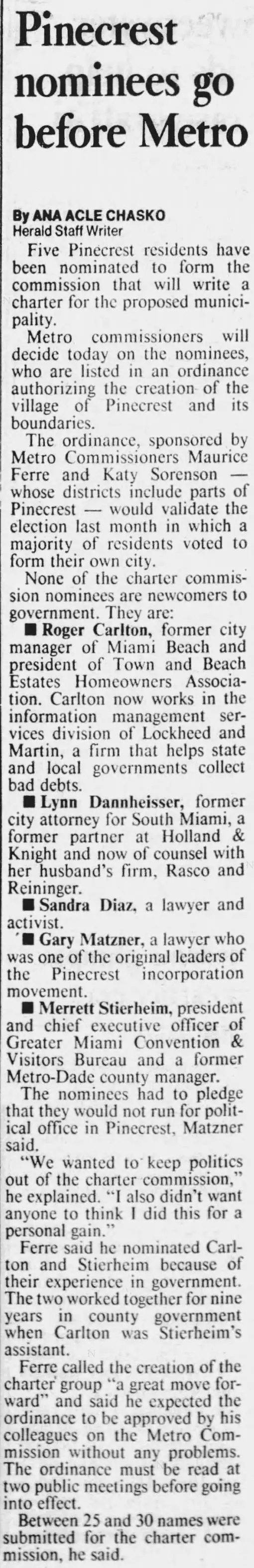 Miami Herald scan of "Pinecrest nominees go before Metro", printed page 10