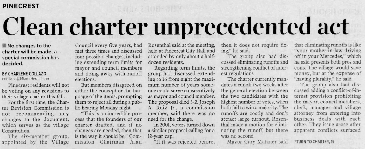 Miami Herald scan of "Clean charter unprecedented act", printed page 3