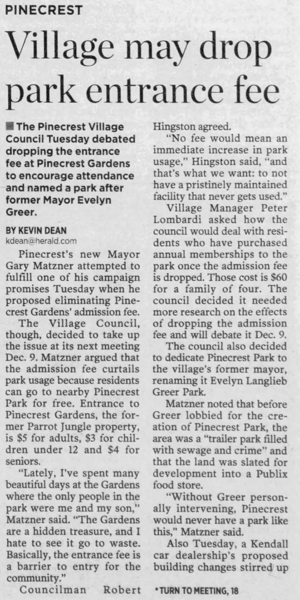 Miami Herald scan of "Village may drop park entrance fee", printed page 3