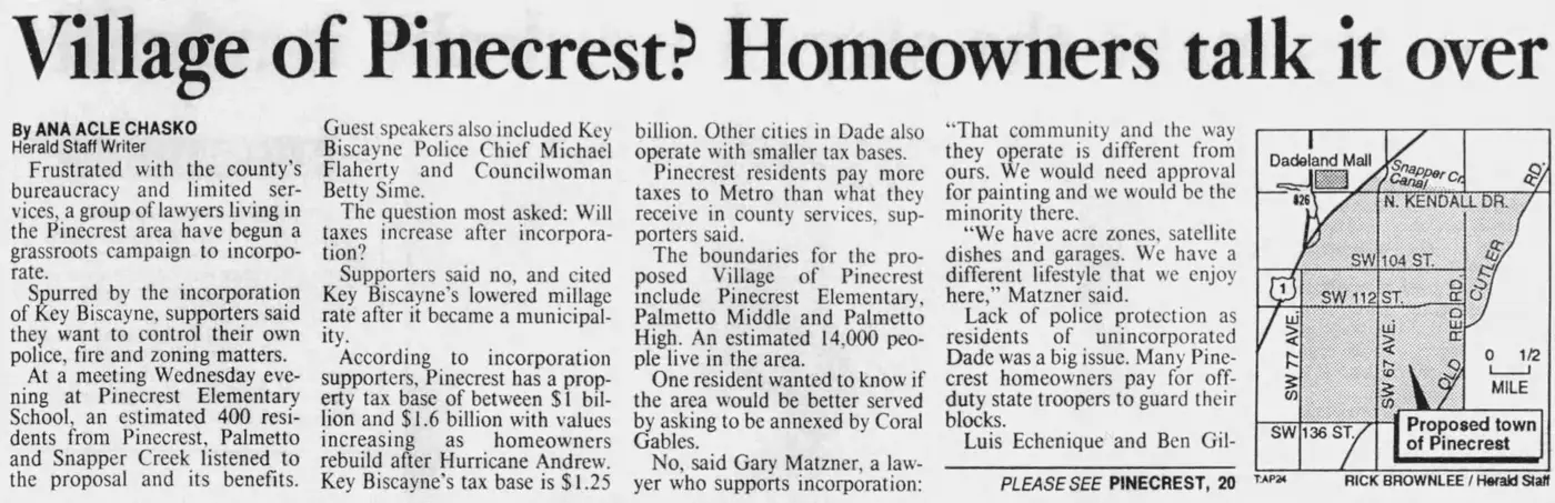 Miami Herald scan of "Village of Pinecrest? Homeowners talk it over", printed page 3K