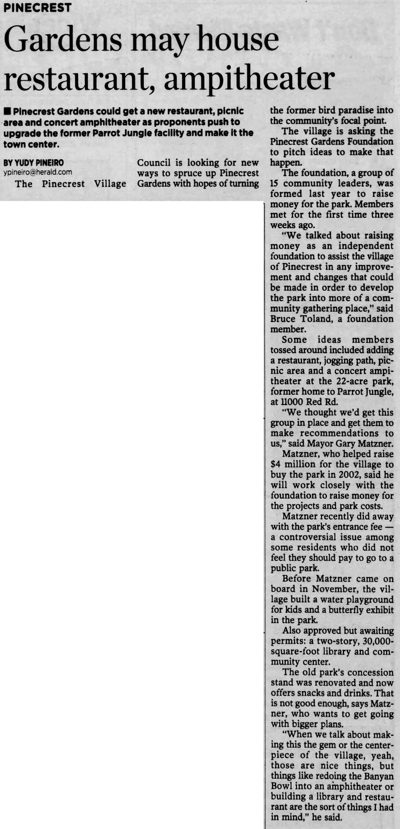Miami Herald scan of "Gardens may house restaurant, ampitheater", printed page 16