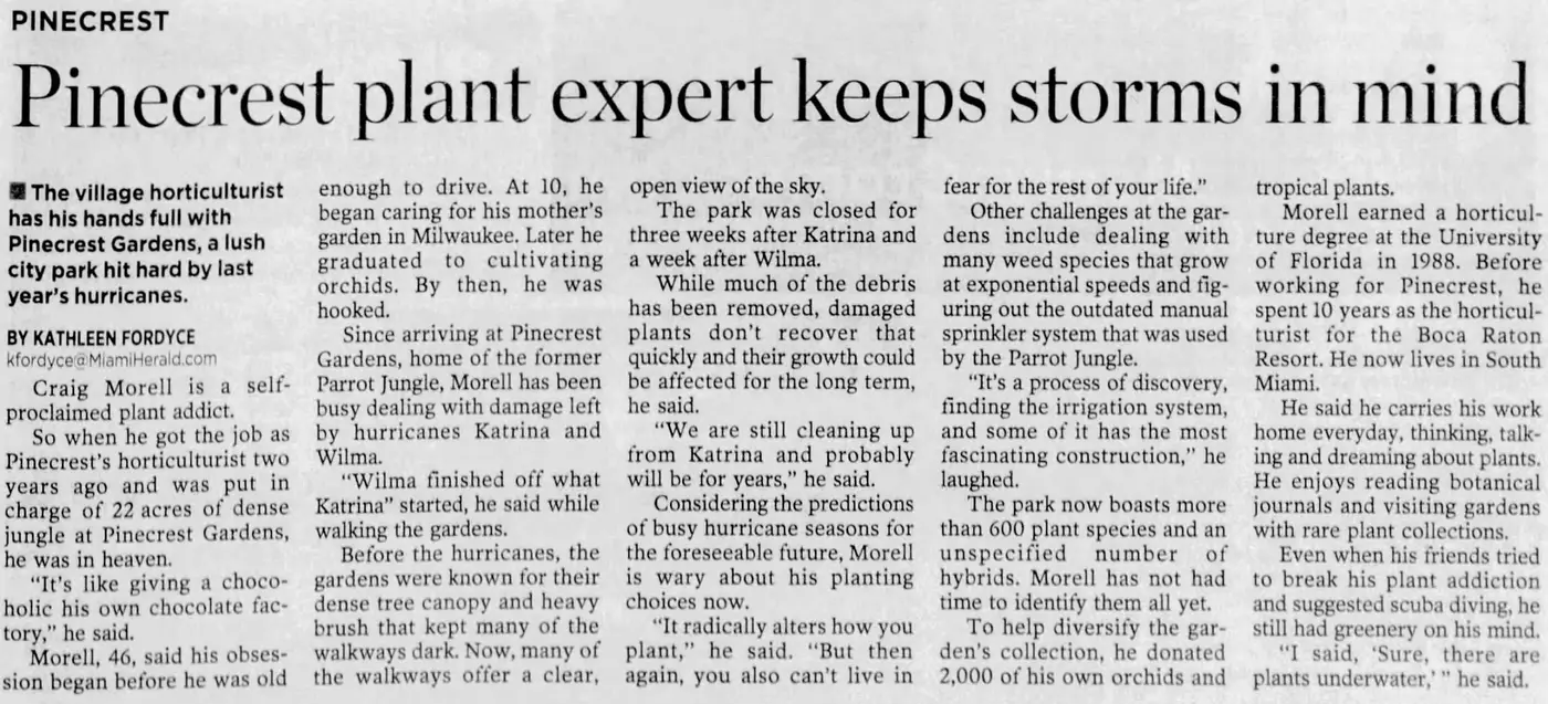 Miami Herald scan of "Pinecrest plant expert keeps storms in mind", printed page 3PP