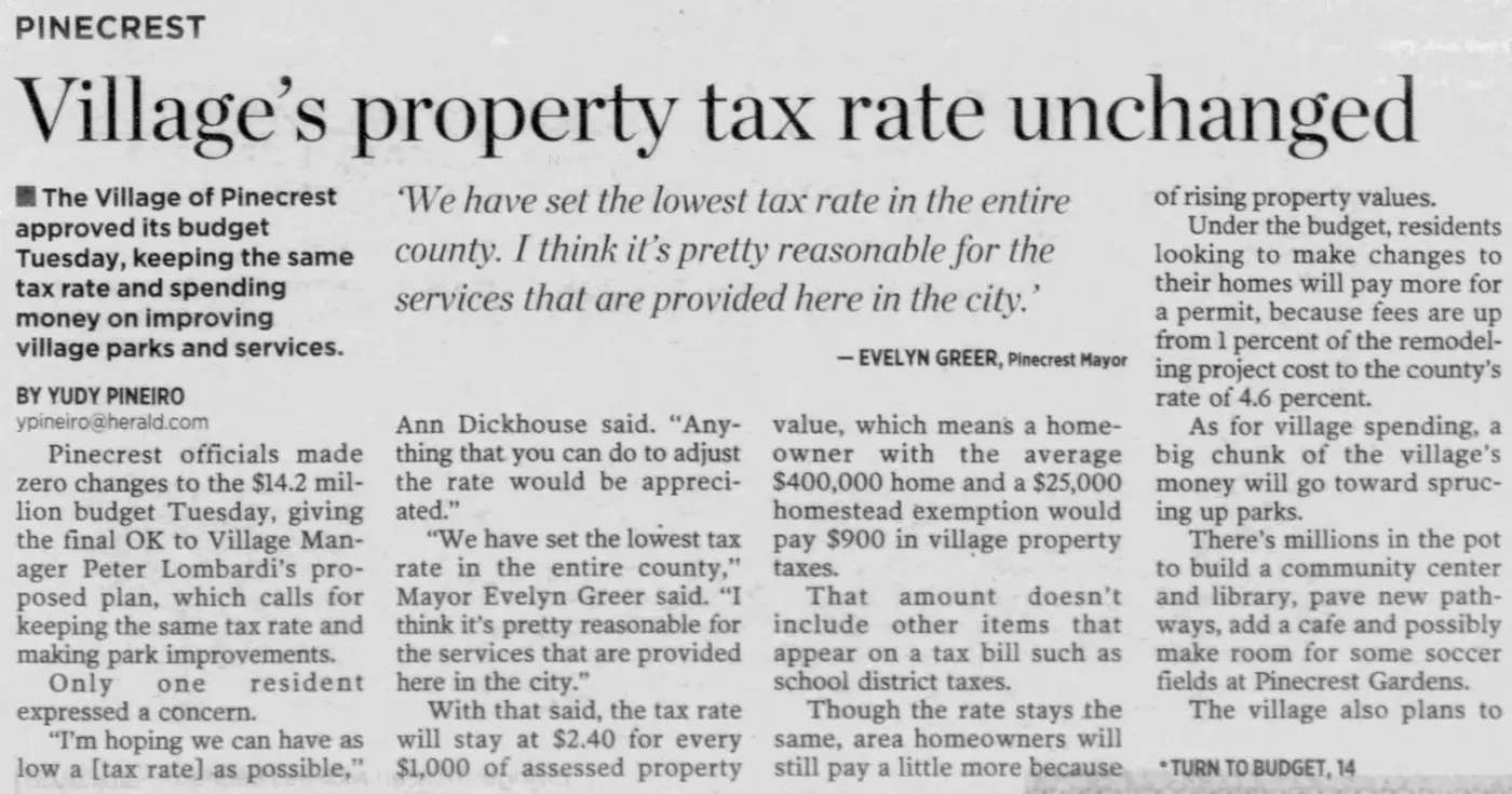 Miami Herald scan of "Village's property tax rate unchanged", printed page 3