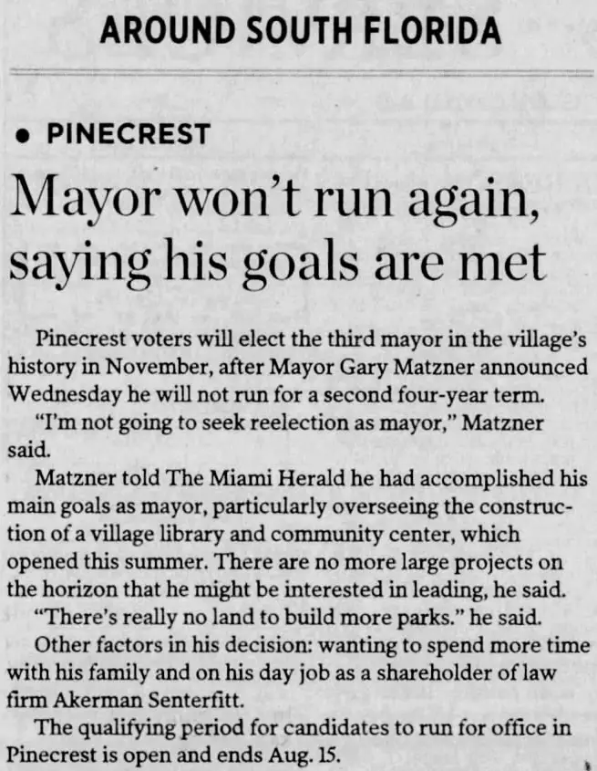Miami Herald scan of "Mayor won't run again, saying his goals are met", printed page 3B (Broward Plus)