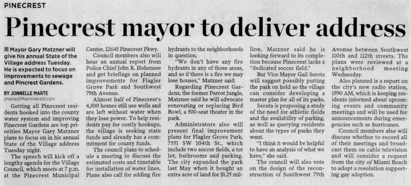 Miami Herald scan of "Pinecrest mayor to deliver address", printed page 3PP