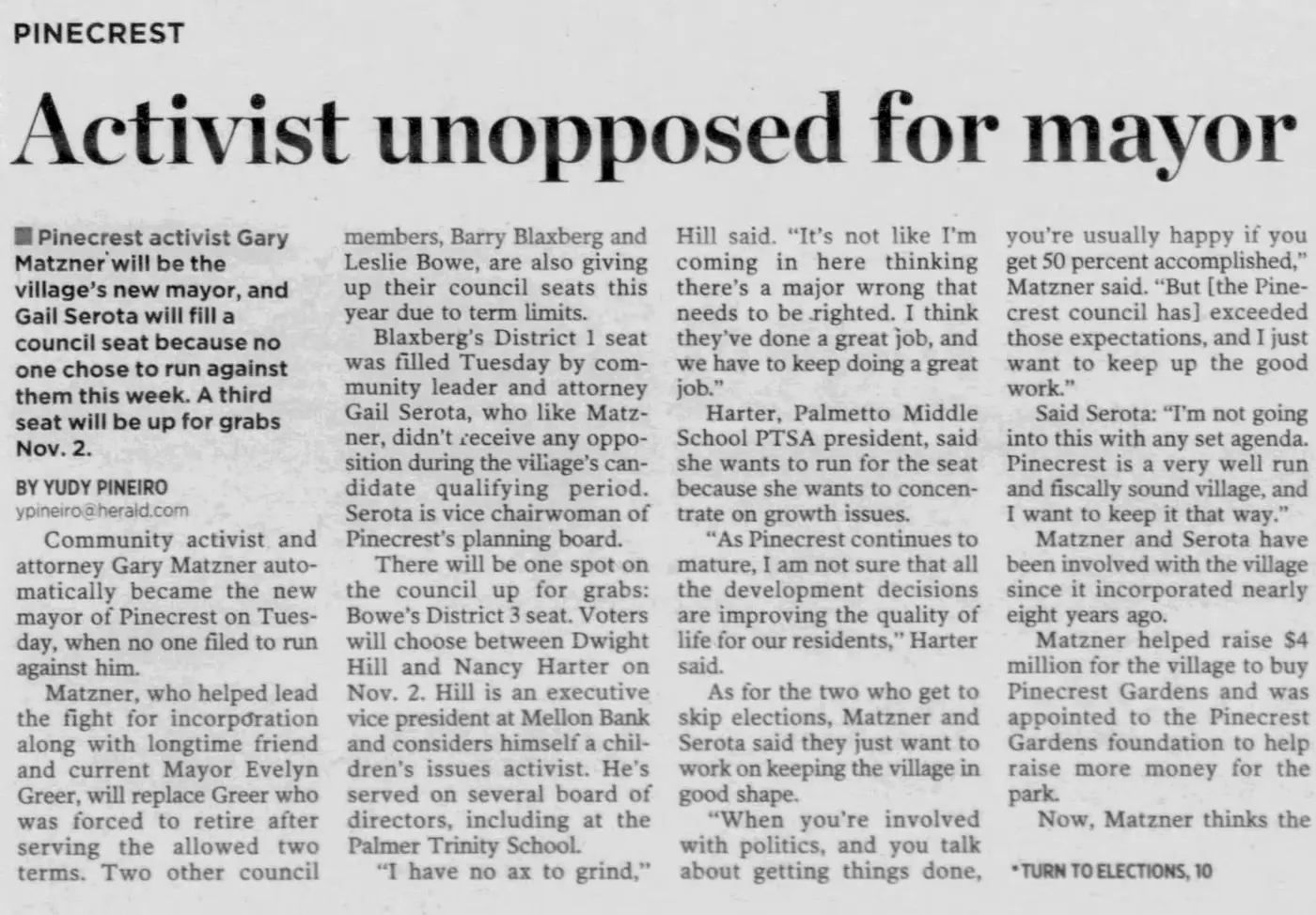 Miami Herald scan of "Activist unopposed for mayor", printed page 3