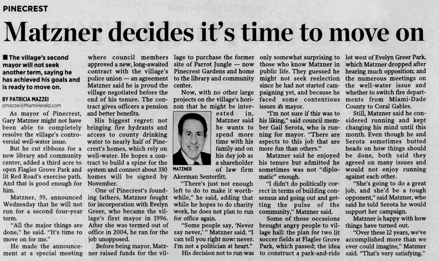 Miami Herald scan of "Matzner decides it's time to move on", printed page 4PP