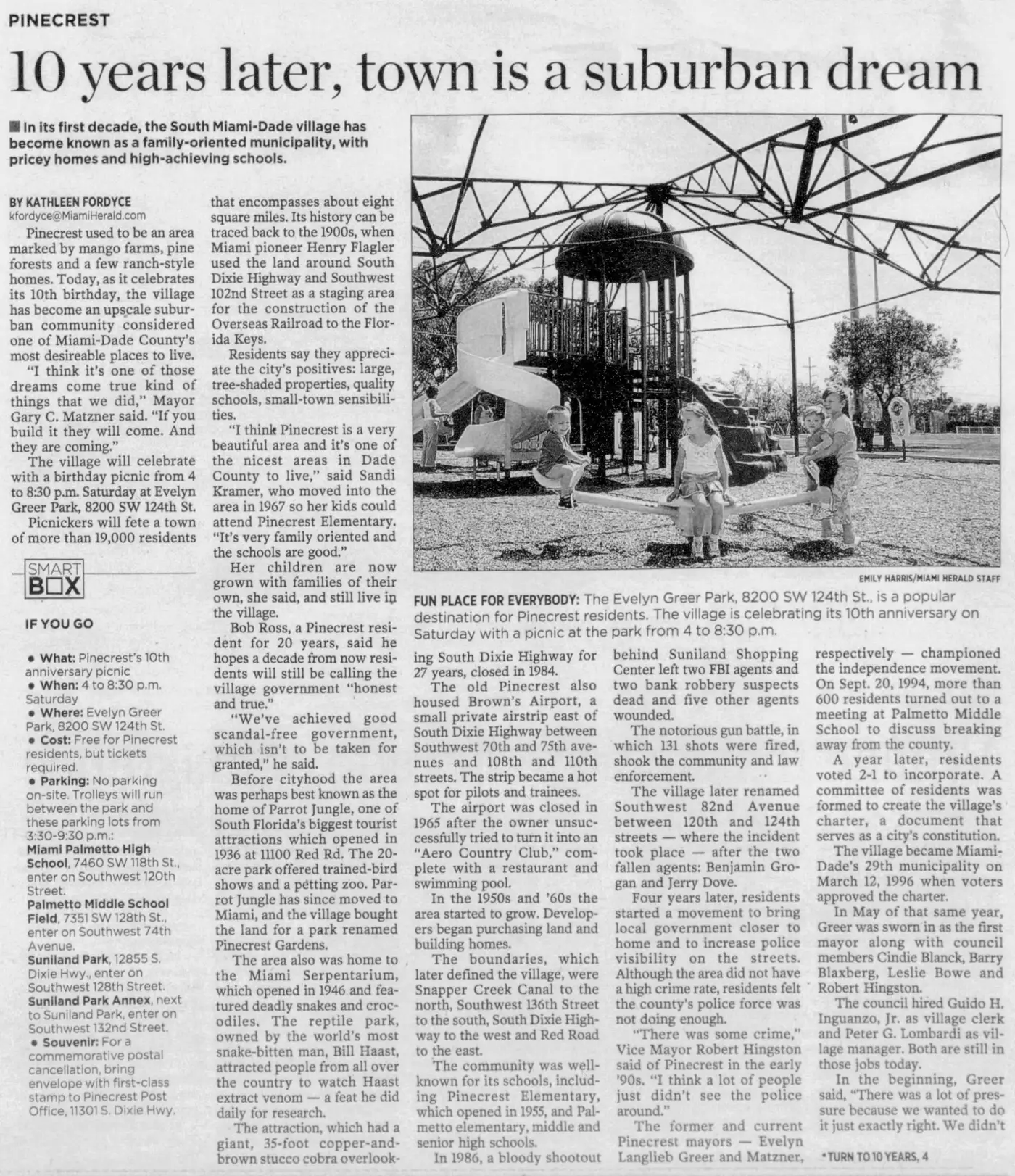 Miami Herald scan of "10 years later, town is a suburban dream", printed page 3PP
