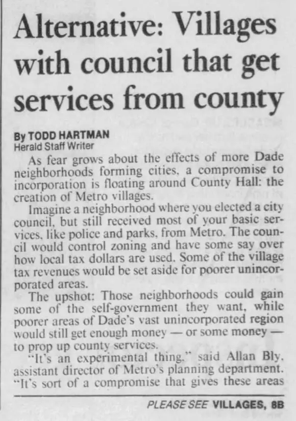 Miami Herald scan of "Alternative: Villages with council that get services from county", printed page 1B