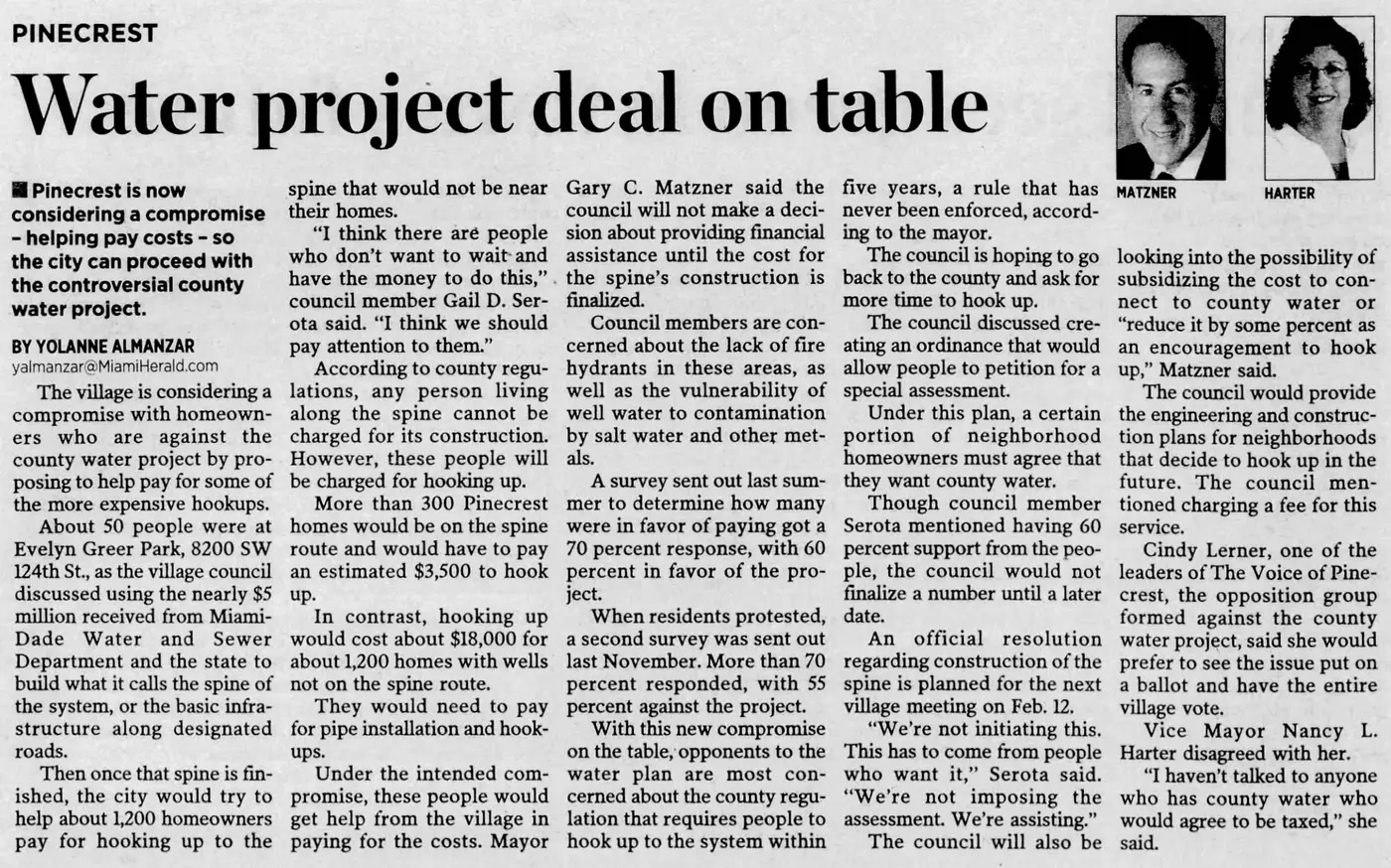 Miami Herald scan of "Water project deal on table", printed page 4PP