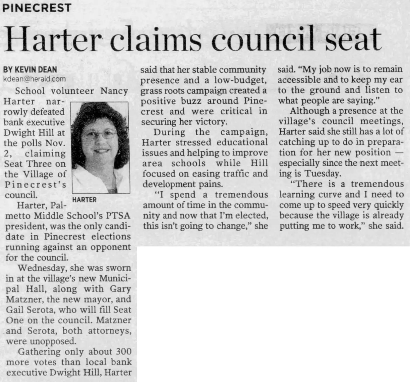 Miami Herald scan of "Harter claims council seat", printed page 6