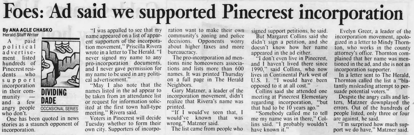 Miami Herald scan of "Foes: Ad said we supported Pinecrest incorporation", printed page 3K