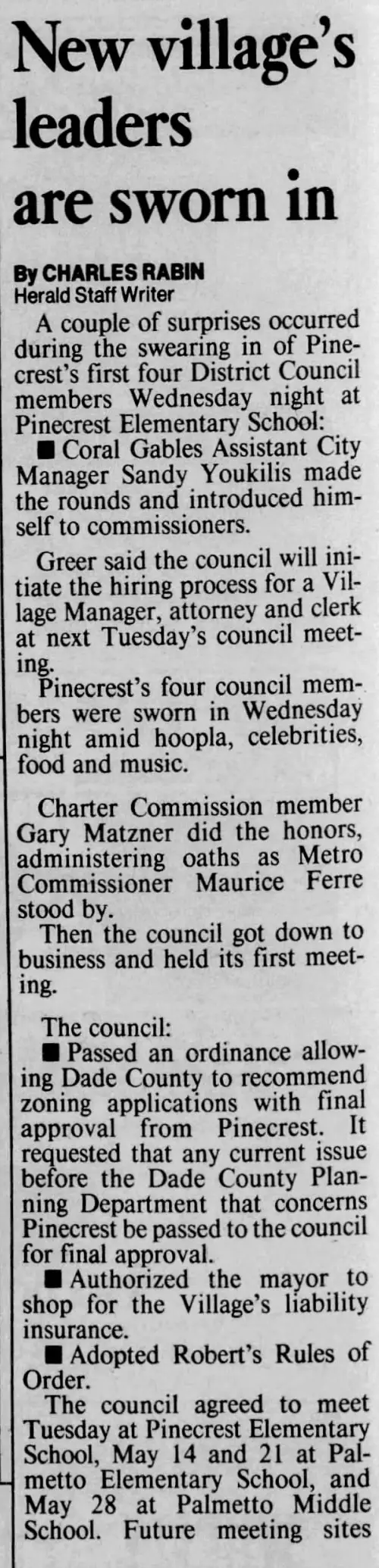 Miami Herald scan of "New village's leaders are sworn in", printed page 22