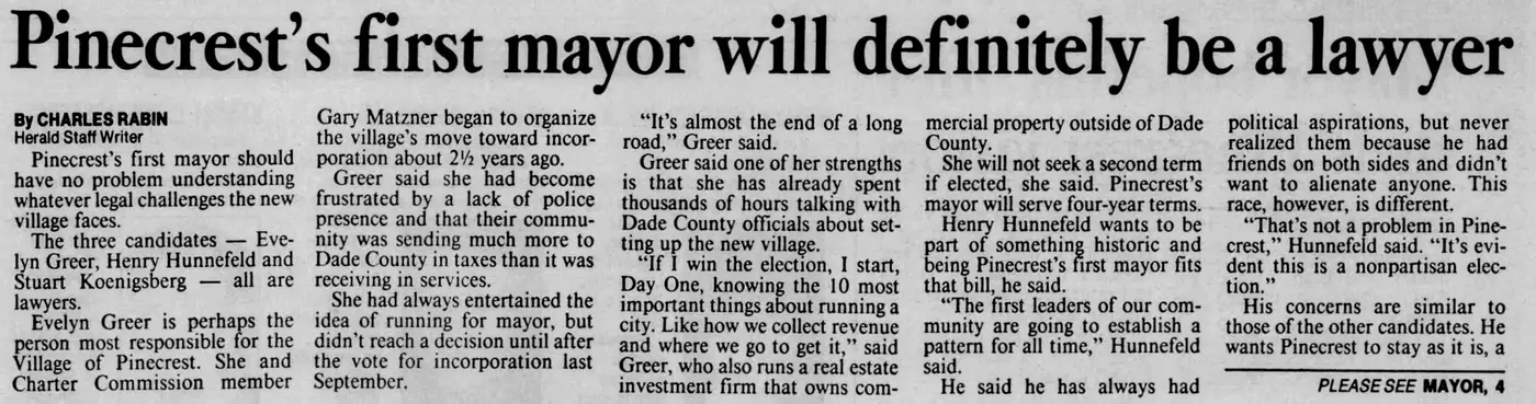 Miami Herald scan of "Pinecrest's first mayor will definitely be a lawyer", printed page 3K