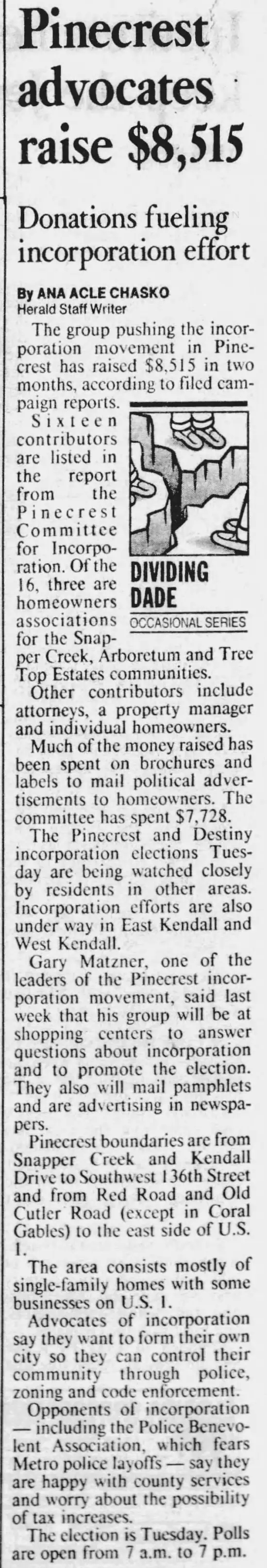 Miami Herald scan of "Pinecrest advocates raise $8,515", printed page 12
