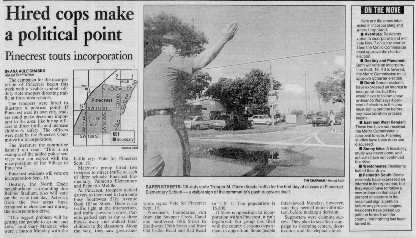 Miami Herald scan of "Hired cops make a political point", printed page 3B