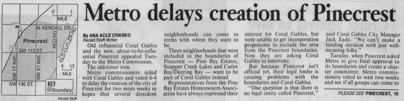 Miami Herald scan of "Metro delays creation of Pinecrest", printed page 3