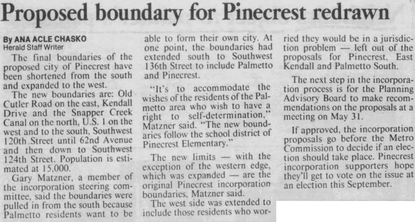 Miami Herald scan of "Proposed boundary for Pinecrest redrawn", printed page 13
