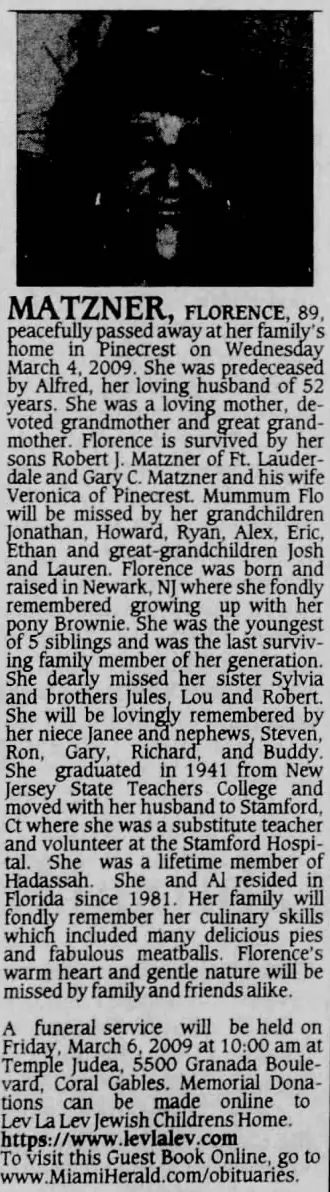 Miami Herald scan of "Florence Matzner", printed page 4B